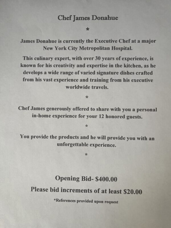 Chef, Jim Donahue offering a private in-home dinner session for 12 persons